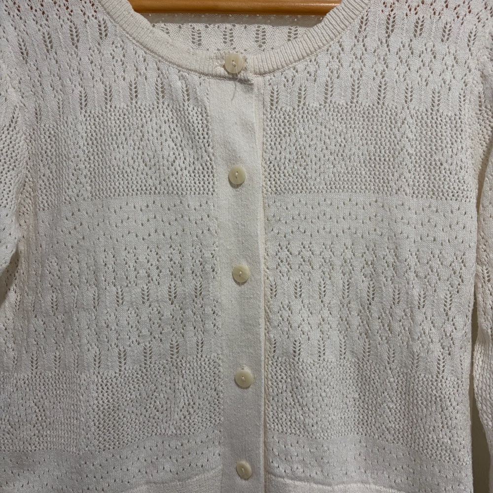 2/$25 White Scalloped Hem Cardigan with Open Knit Pattern and Button Closures - Picture 2 of 5